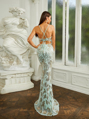 Spaghetti Backless Mermaid Green Sequin Formal Dress RA60031