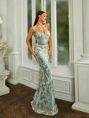 Spaghetti Backless Mermaid Green Sequin Formal Dress RA60031