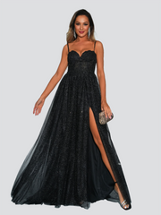 Spaghetti Straps Split Black Tulle Maxi Dress GM90011