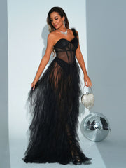 MISSORD One Shoulder Backless Sleeveless Black Tulle Formal Dress