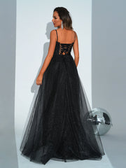 MISSORD Backless Spaghetti Straps High Split Black Tulle Maxi Dress