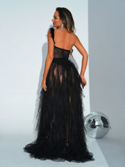 MISSORD One Shoulder Backless Sleeveless Black Tulle Formal Dress