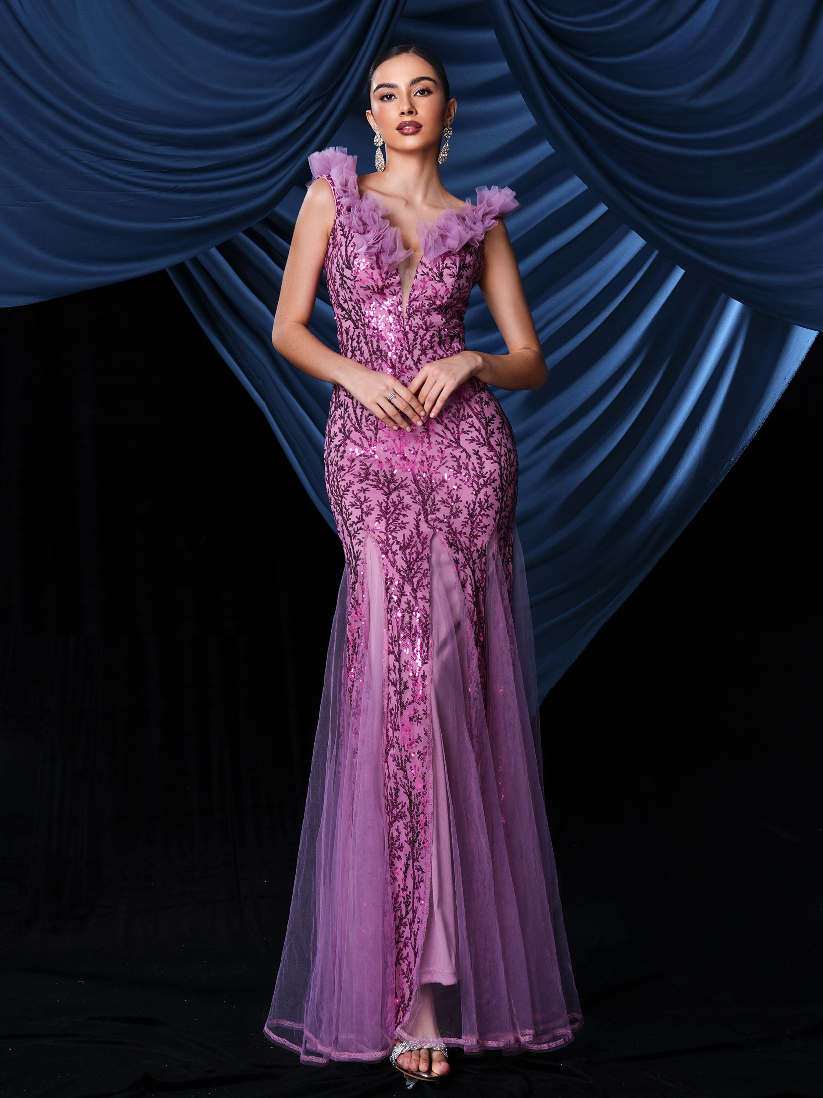 Sleeveless Sequin Panel Tulle Mermaid Dress RM20966