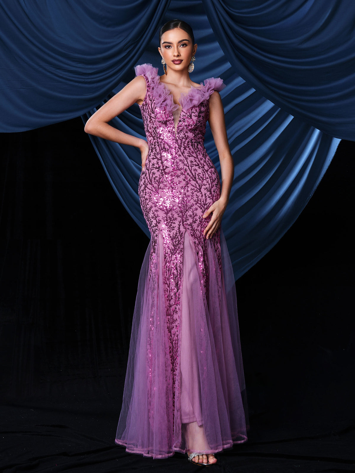 Sleeveless Sequin Panel Tulle Mermaid Dress RM20966