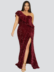 Plus Size Flounces High Slit Maxi Sequin Dress PXH2275