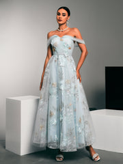 MISSORD Off Shoulder Embodied Floral Tulle Dress