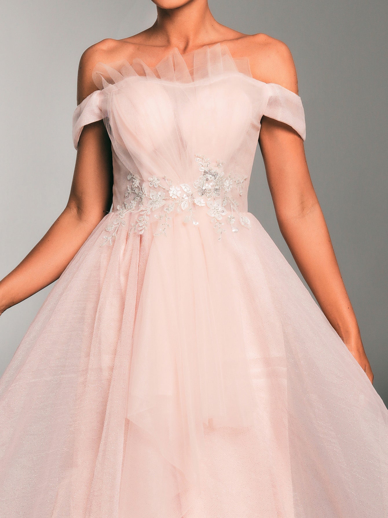 MISSORD Off Shoulder Folds Embodied Tulle Dress