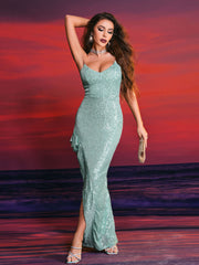 Asymmetric Ruffled Light Green Sequins Prom Dress XJ705