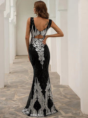 V Neck Mesh Sequin Mermaid Prom Dress M01080