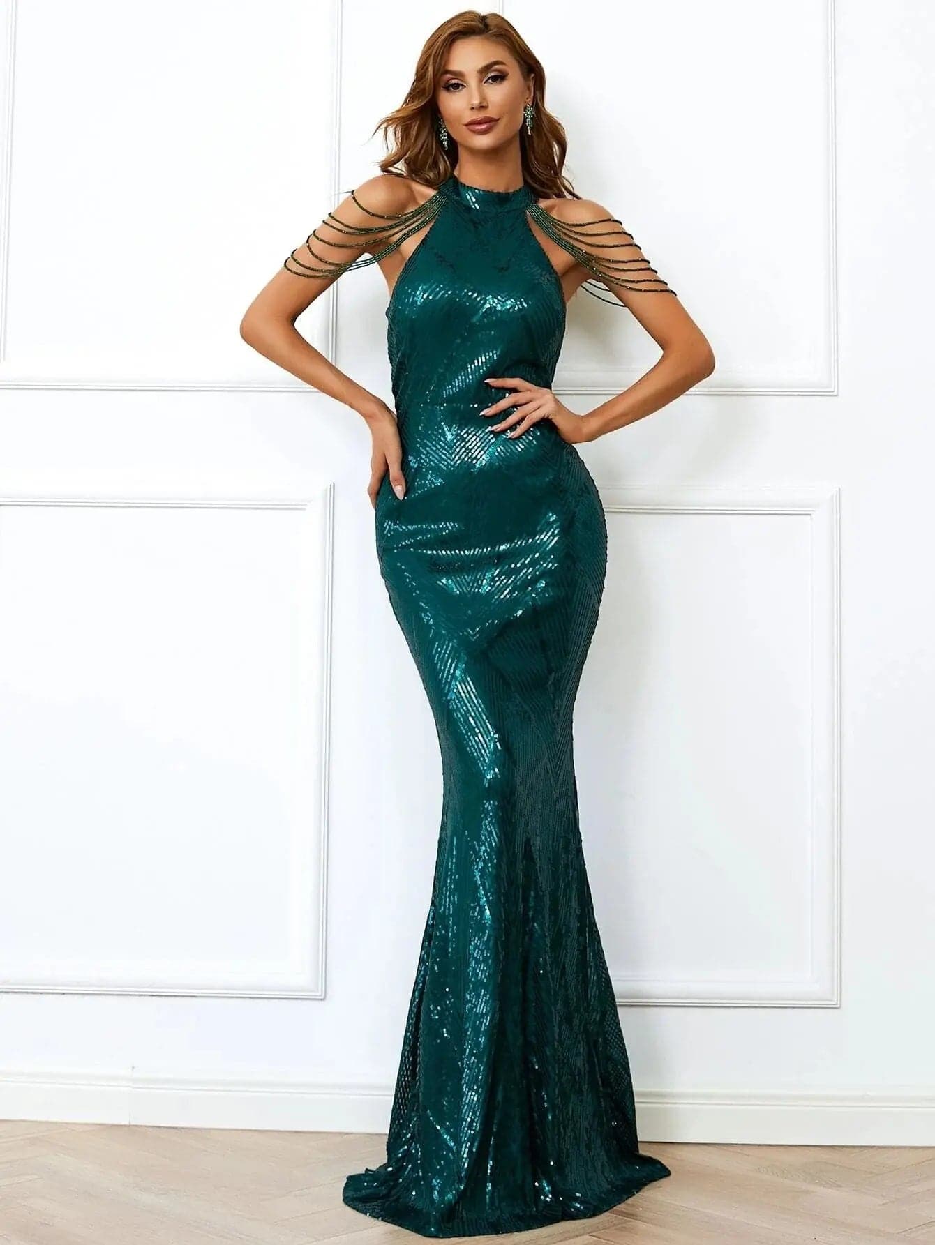 Cold Shoulder Beads Chain Elegant Sequin Prom Dress M01081