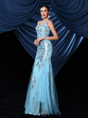 Spaghetti Strap Sequin Panel Tulle Formal Dress RM21503