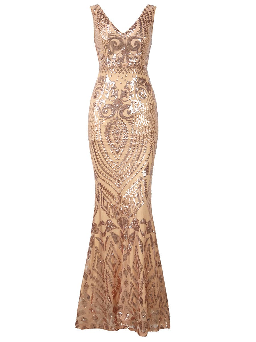 V Neck Sequin Gold Prom Maxi Dress FT18726