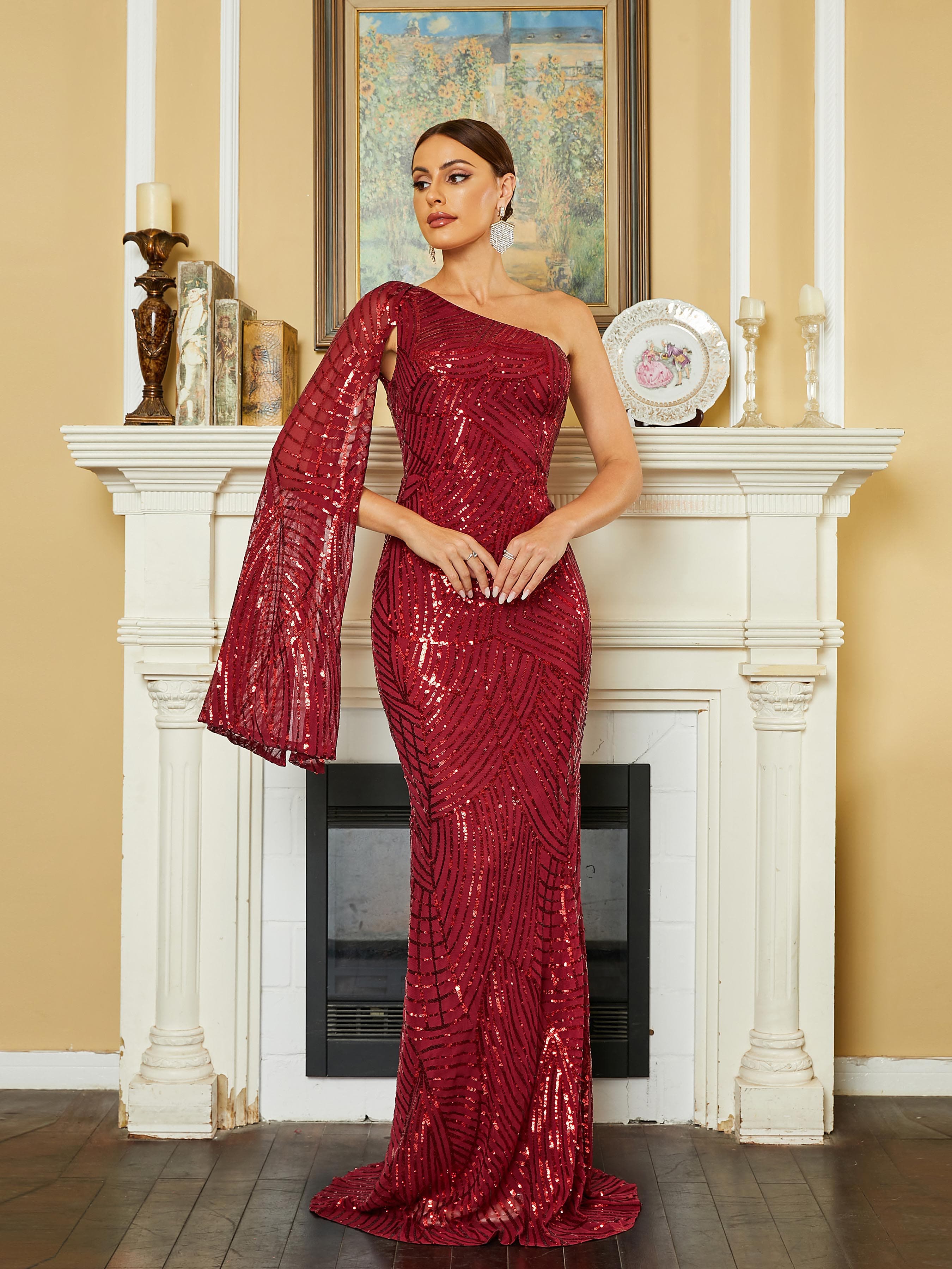 Cape Sleeve One Shoulder Mermaid Off Shoulder Evening Dress RM20448