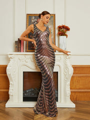 V-Neck Backless Mermaid Sleeveless Sequin Evening Dress RM20645