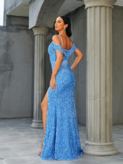 Cold Shoulder Blue Sequin Evening Dress