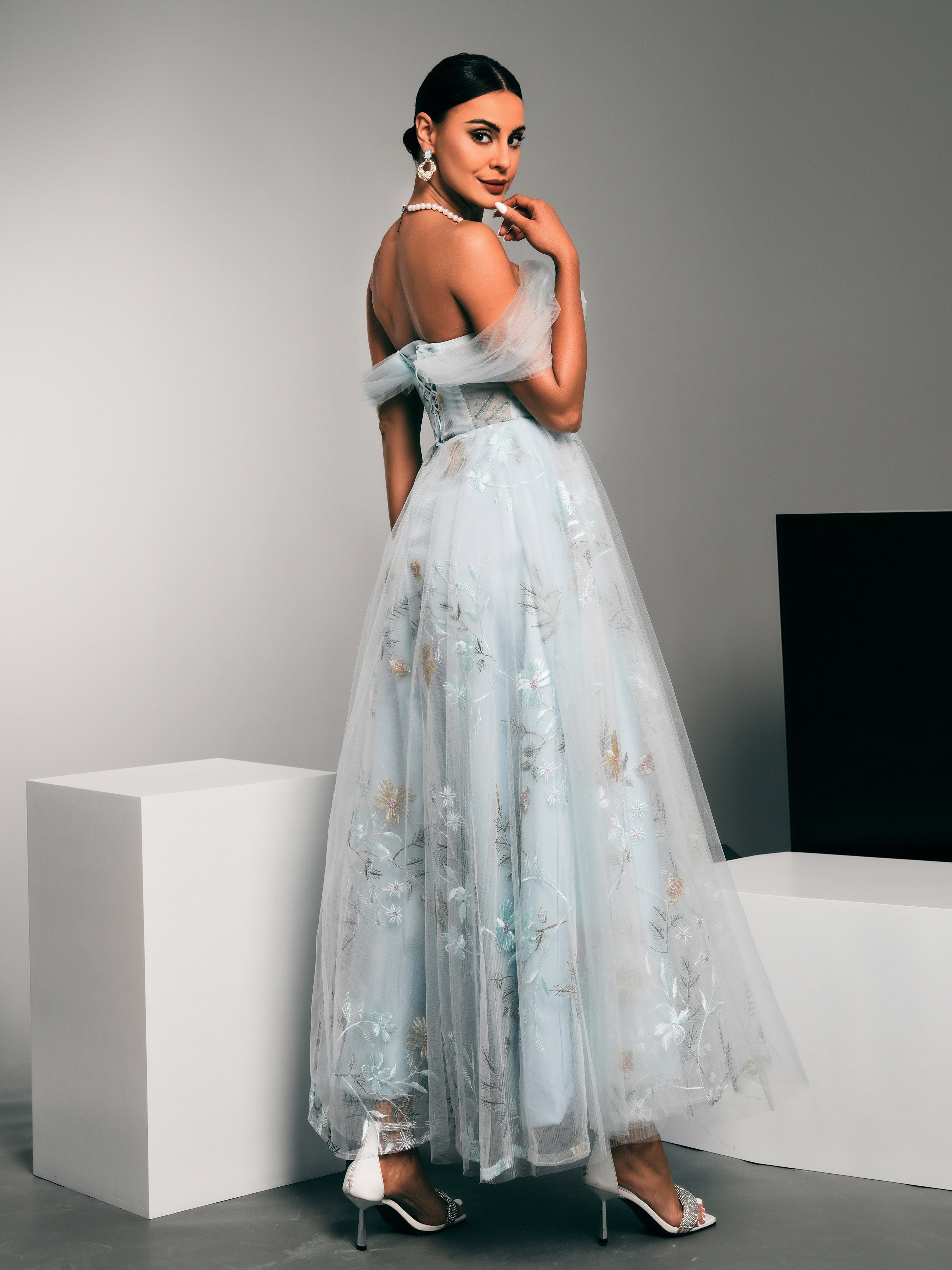 MISSORD Off Shoulder Embodied Floral Tulle Dress