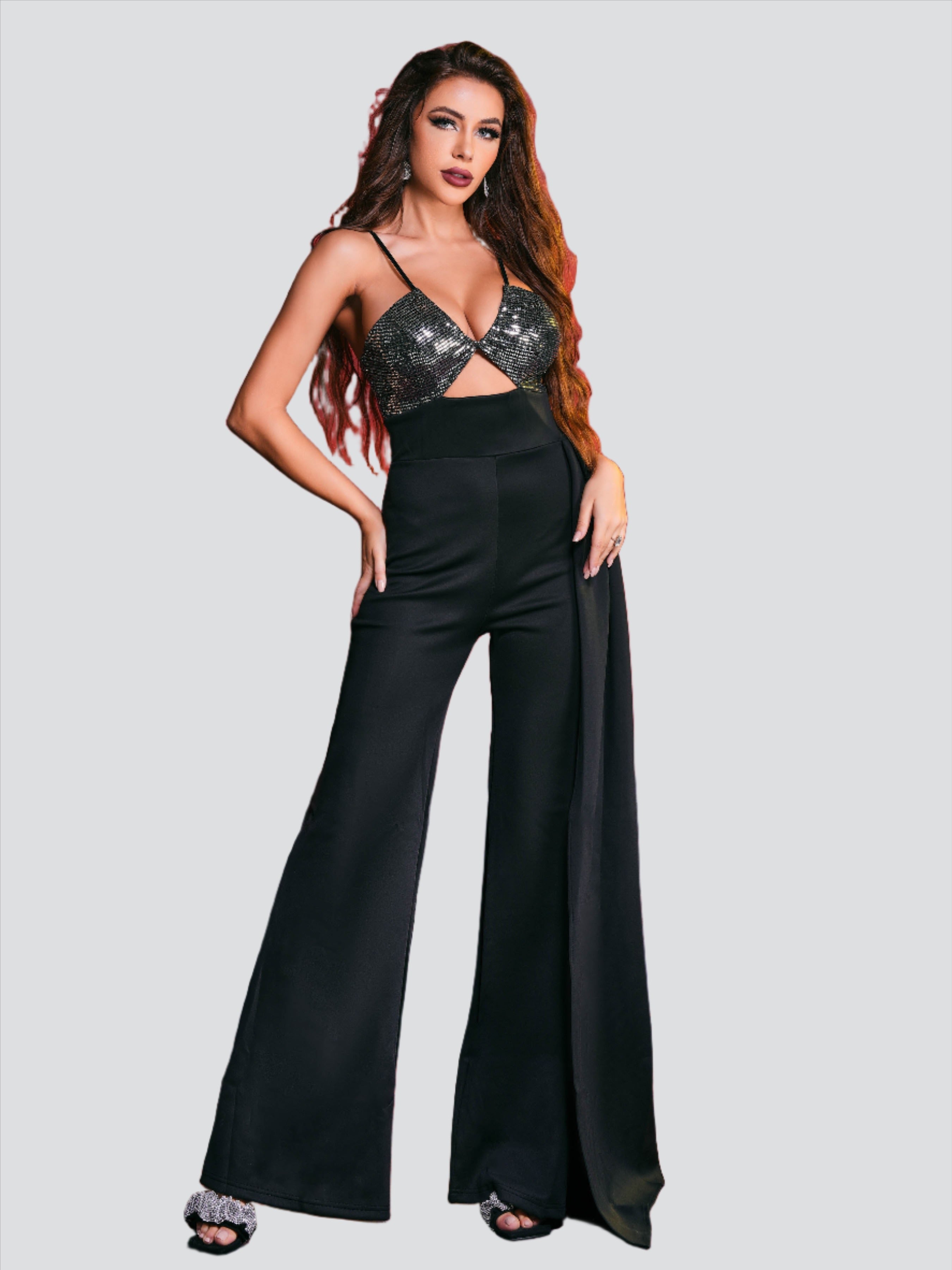 Draped Spaghetti Strap Corset Black Jumpsuit RD50040