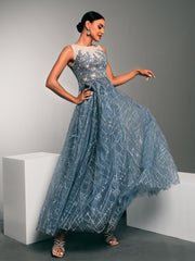 MISSORD Rhinestone Embodied Sequin Panel Tulle Dress