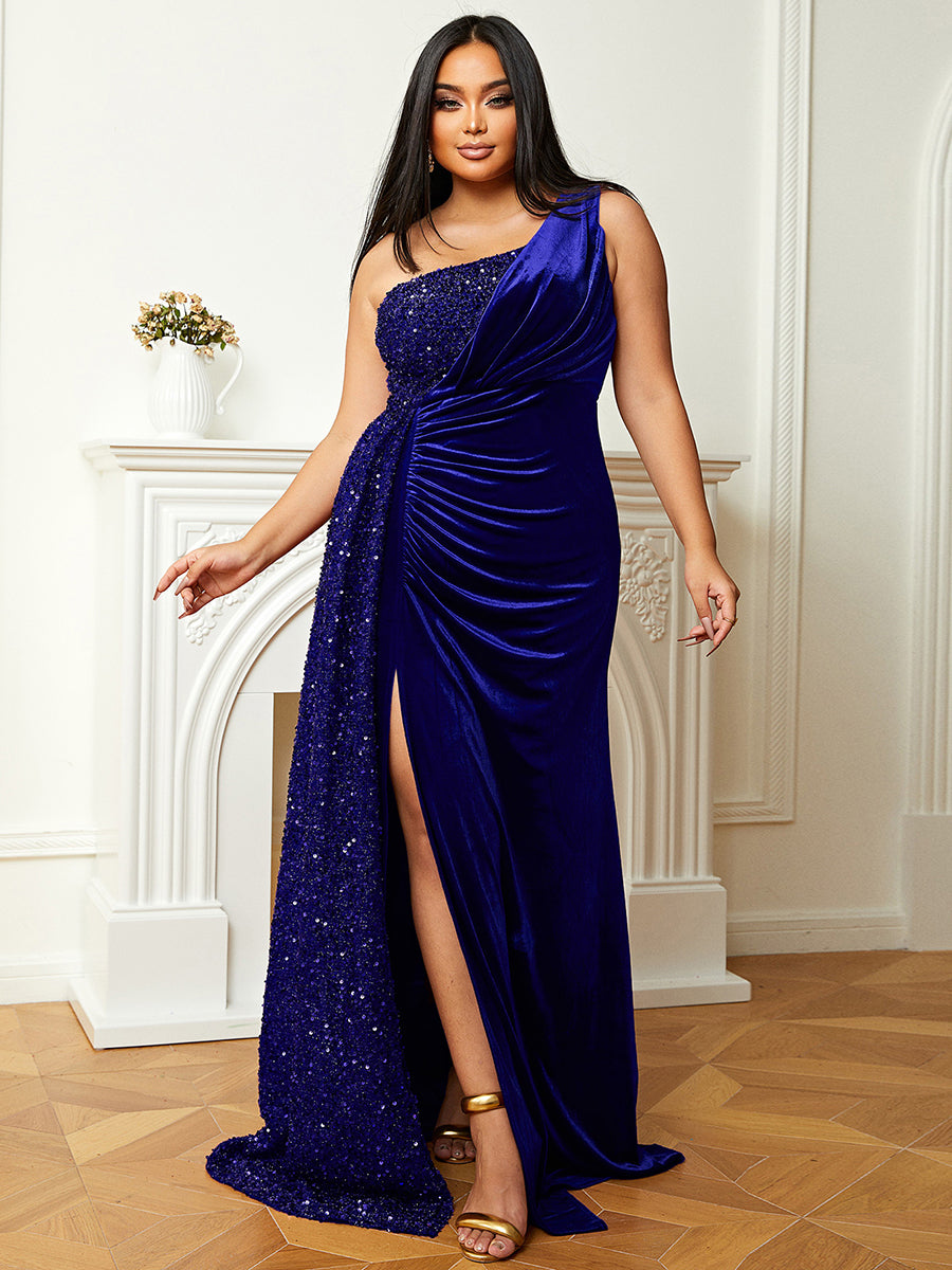 One Shoulder Velvet Split Thigh Prom Dress XH2356