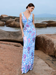 V-neck Blue Floral Sequin Maxi Dress RJ11713