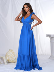 V-neck Ruched Blue Tulle Maxi Dress RM21494