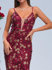 Spaghetti Straps Red Floral Sequin Dress RJ11458