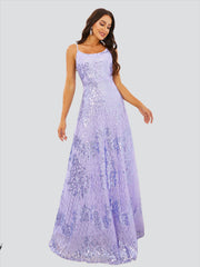 Spaghetti A-Line Purple Sequin Maxi Dress RJ10546