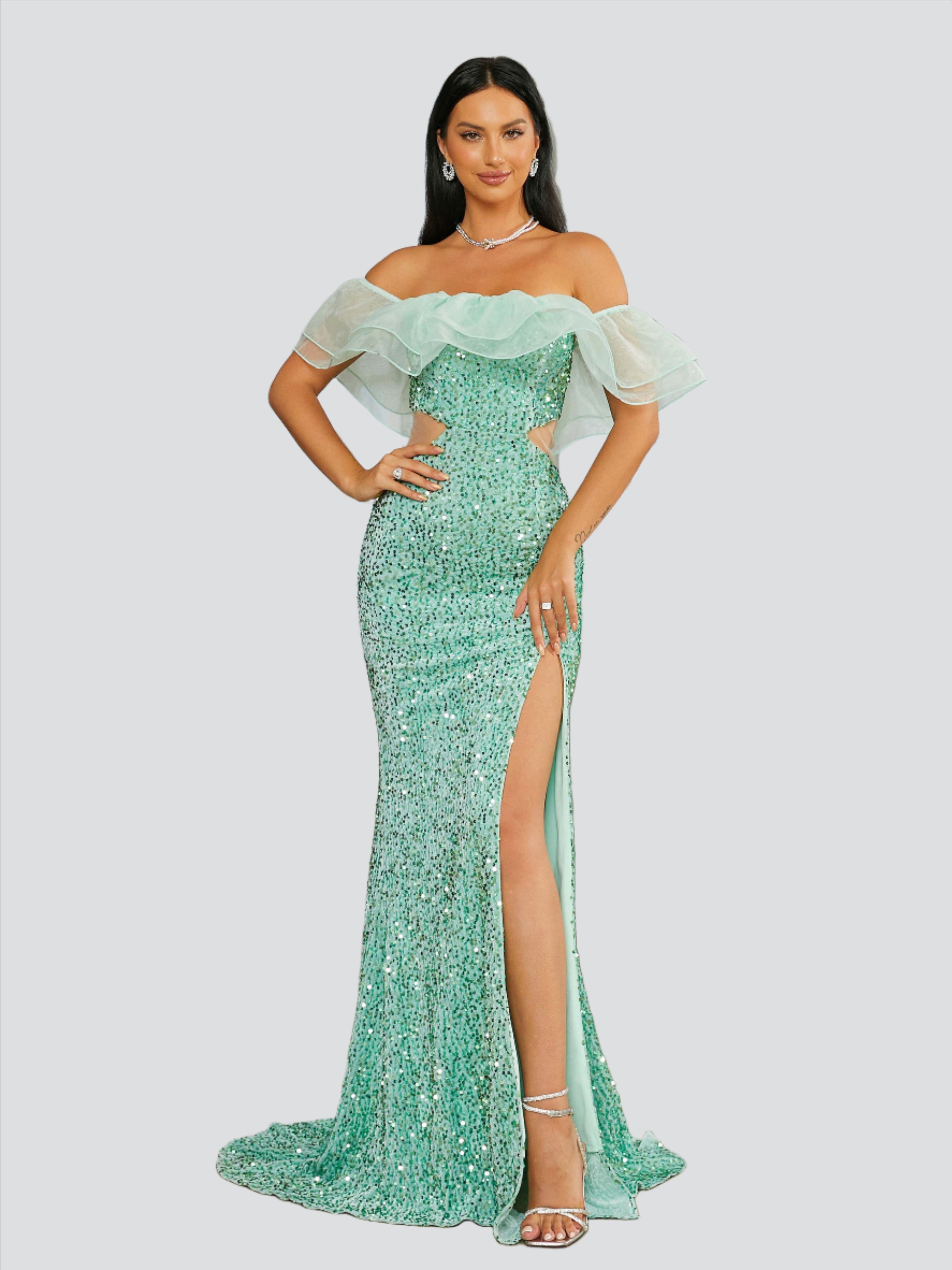 Ruffle Sequin Cutout Green Evening Dress RJ10283