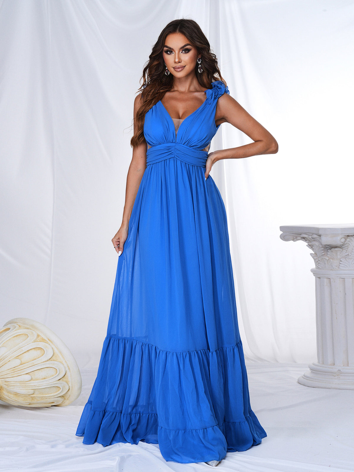 V-neck Ruched Blue Tulle Maxi Dress RM21494