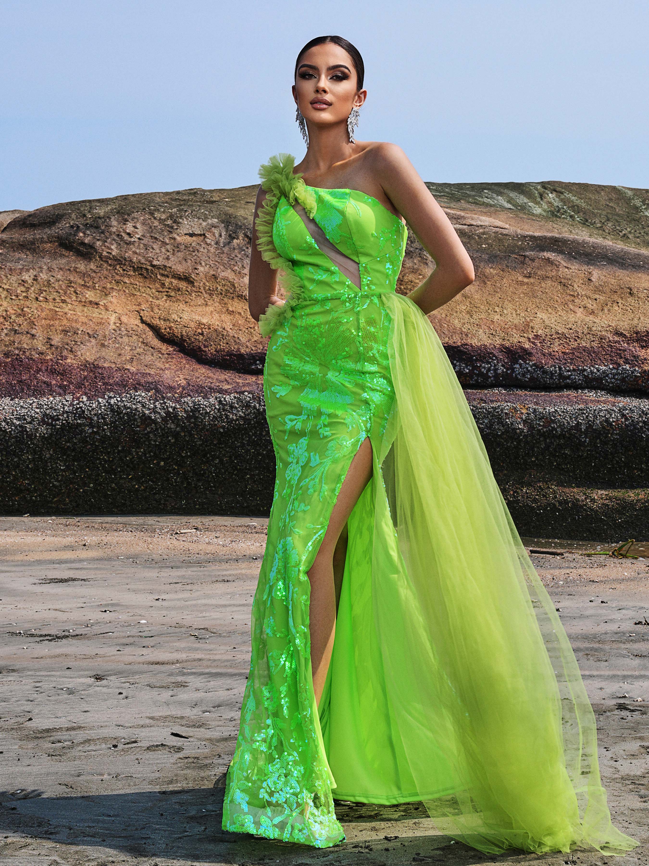 One Shoulder Cutout Split Green Dress DH80056