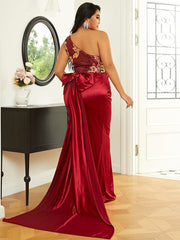 Plus Size One Shoulder Draped Satin Prom Dress PJM074L