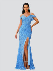 Cold Shoulder Blue Sequin Evening Dress RH30580