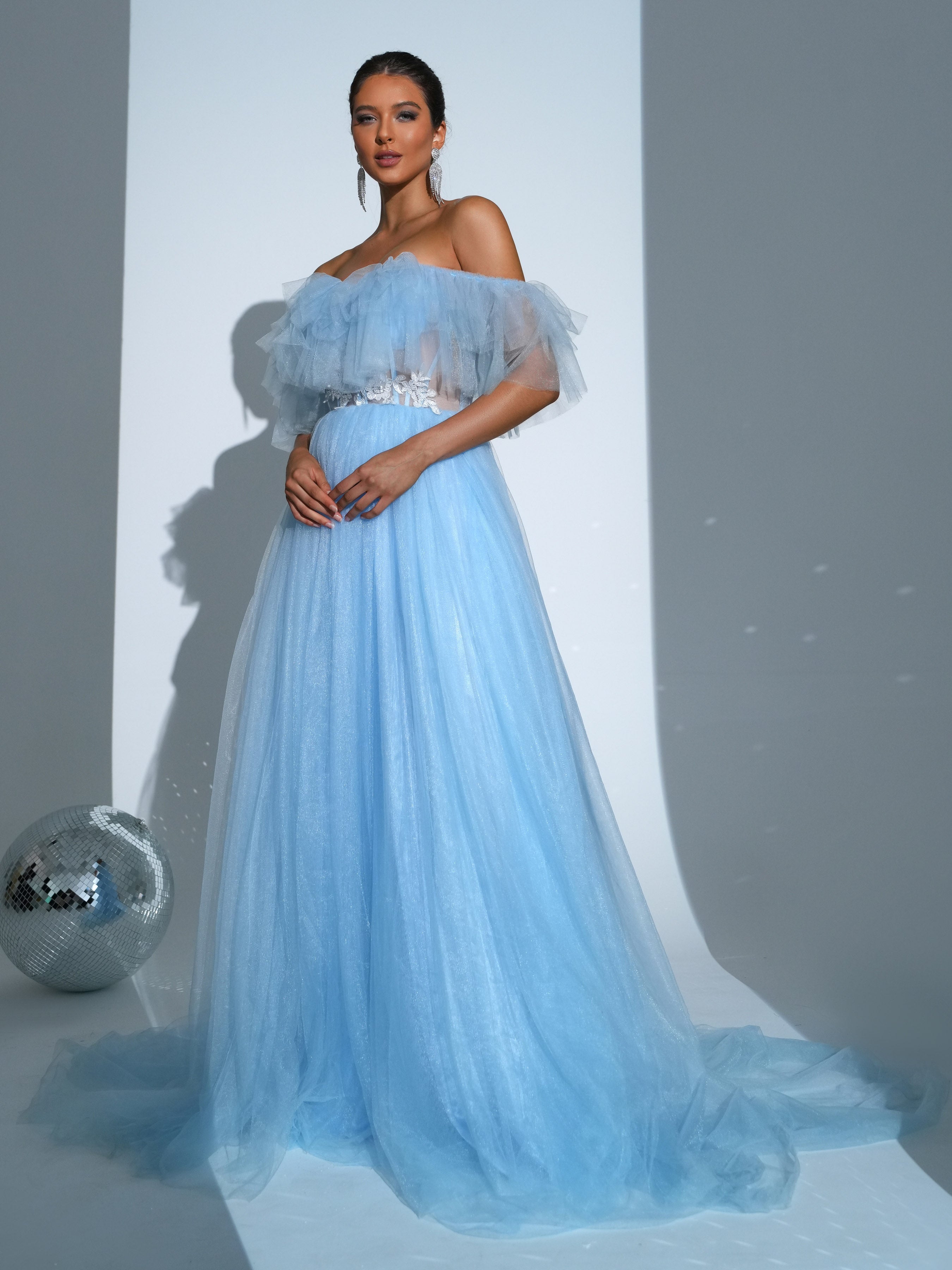 Off Shoulder Embroidered Tulle Dress 