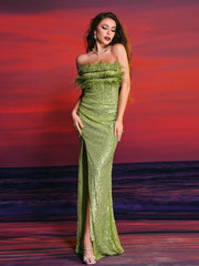 Strapless Feather Emerald Green Evening Dress RJ10035