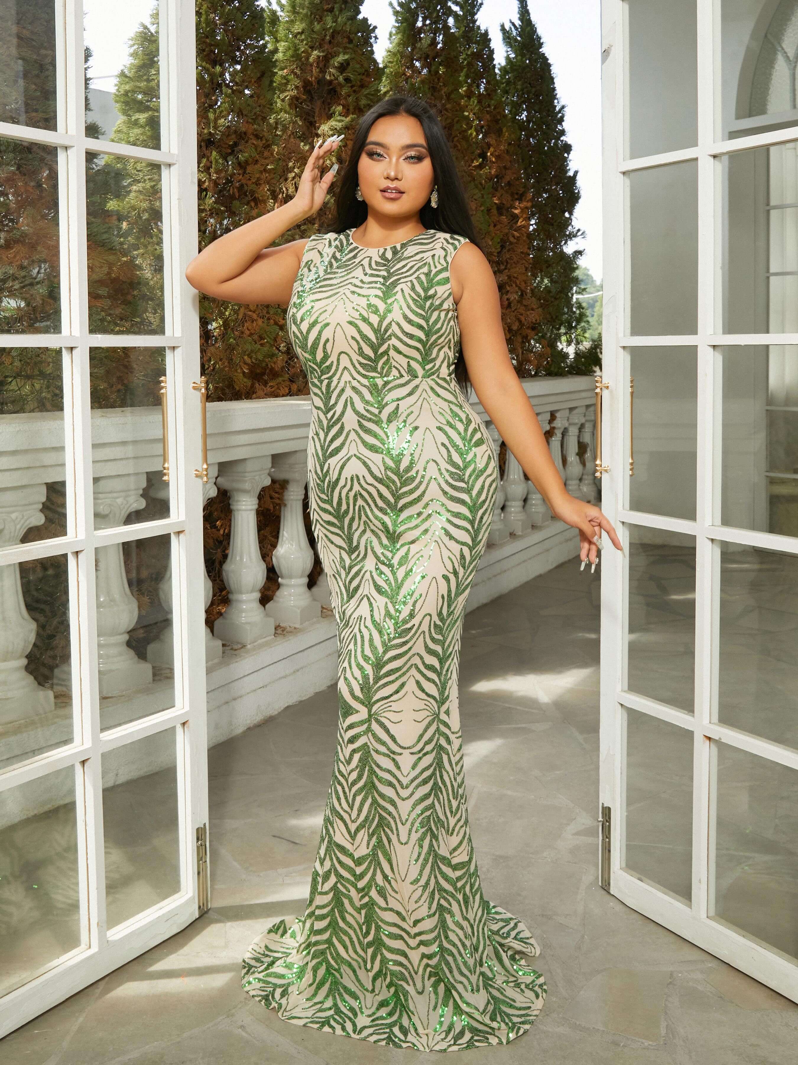 MISSORD Plus Size Floral Crew Neck Mermaid Sequin Prom Dress