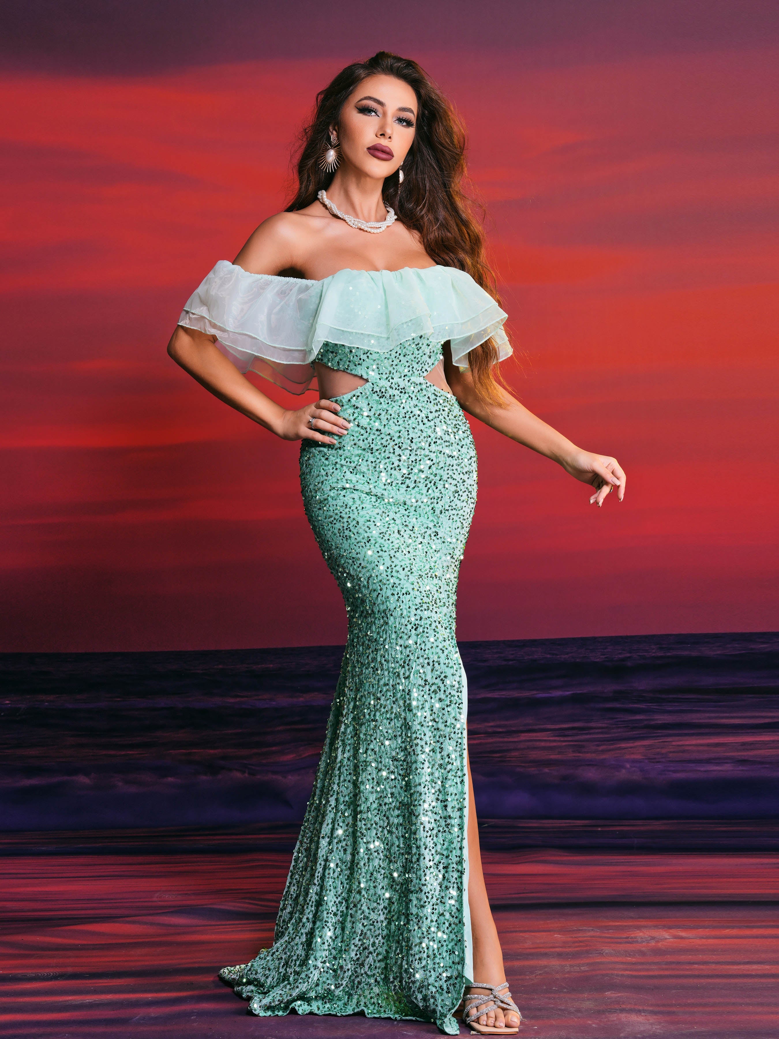 Ruffle Sequin Cutout Green Evening Dress RJ10283