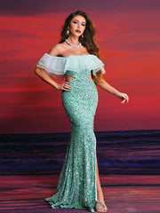 Ruffle Sequin Cutout Green Evening Dress RJ10283