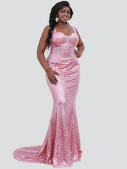 Plus Sequin Mermaid Pink Maxi Prom Dress P0350