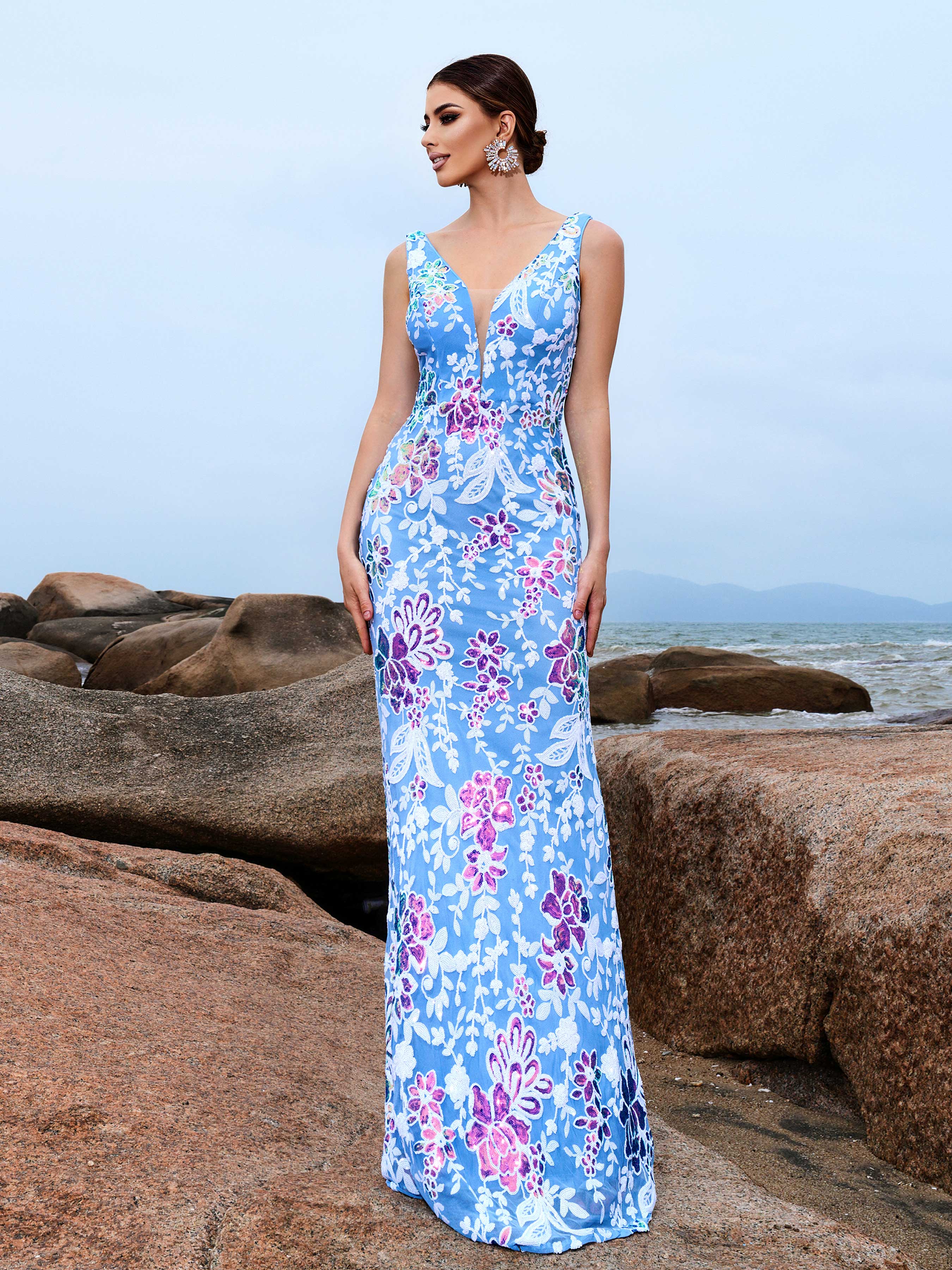 V-neck Blue Floral Sequin Maxi Dress RJ11713