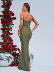 Off Shoulder Green Appliqued Split Dress RJ11434