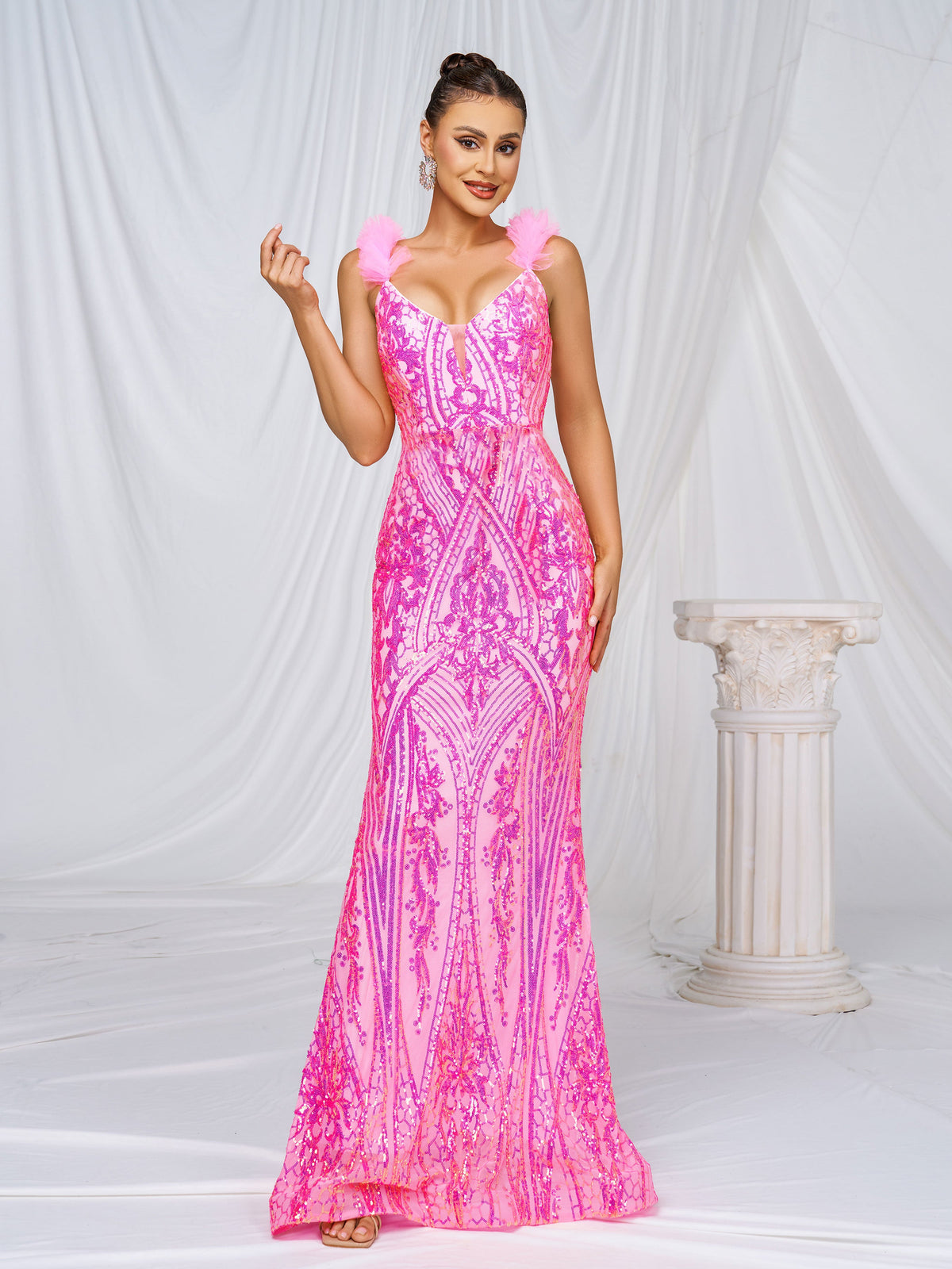 Mesh Straps Pink Sequin Maxi Dress RJ11642