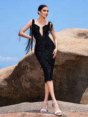 Sleeveless Split Black Sequin Cocktail Dress RM21334