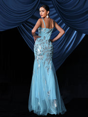 Spaghetti Strap Sequin Panel Tulle Formal Dress RM21503