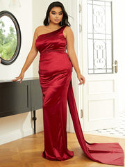 Plus Size One Shoulder Draped Satin Prom Dress PJM074L