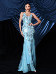 Spaghetti Strap Sequin Panel Tulle Formal Dress RM21503