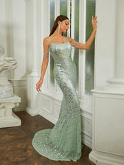 Spaghetti Straps Beads Chain Green Sequin Formal Dress RM20010