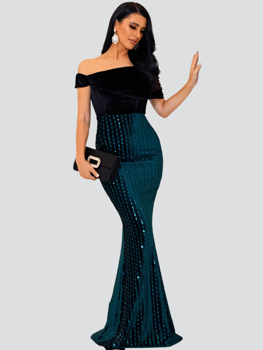 Off Shoulder Panel Sequin Formal Dress WY003