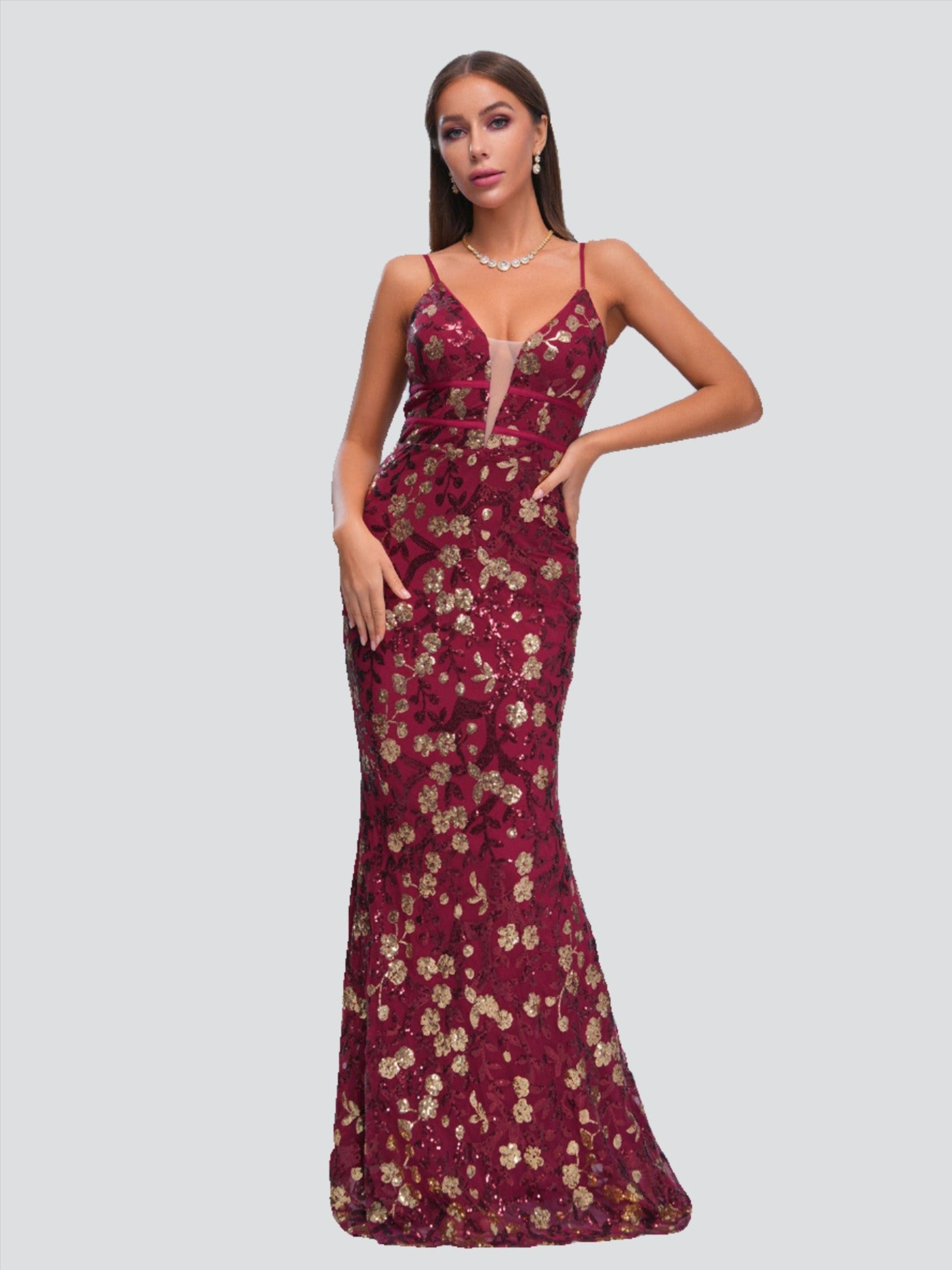 Spaghetti Straps Red Floral Sequin Dress RJ11458