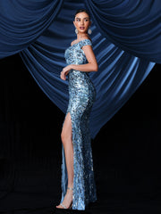 Off Shoulder Blue Sequin Split Formal Dress GM00123