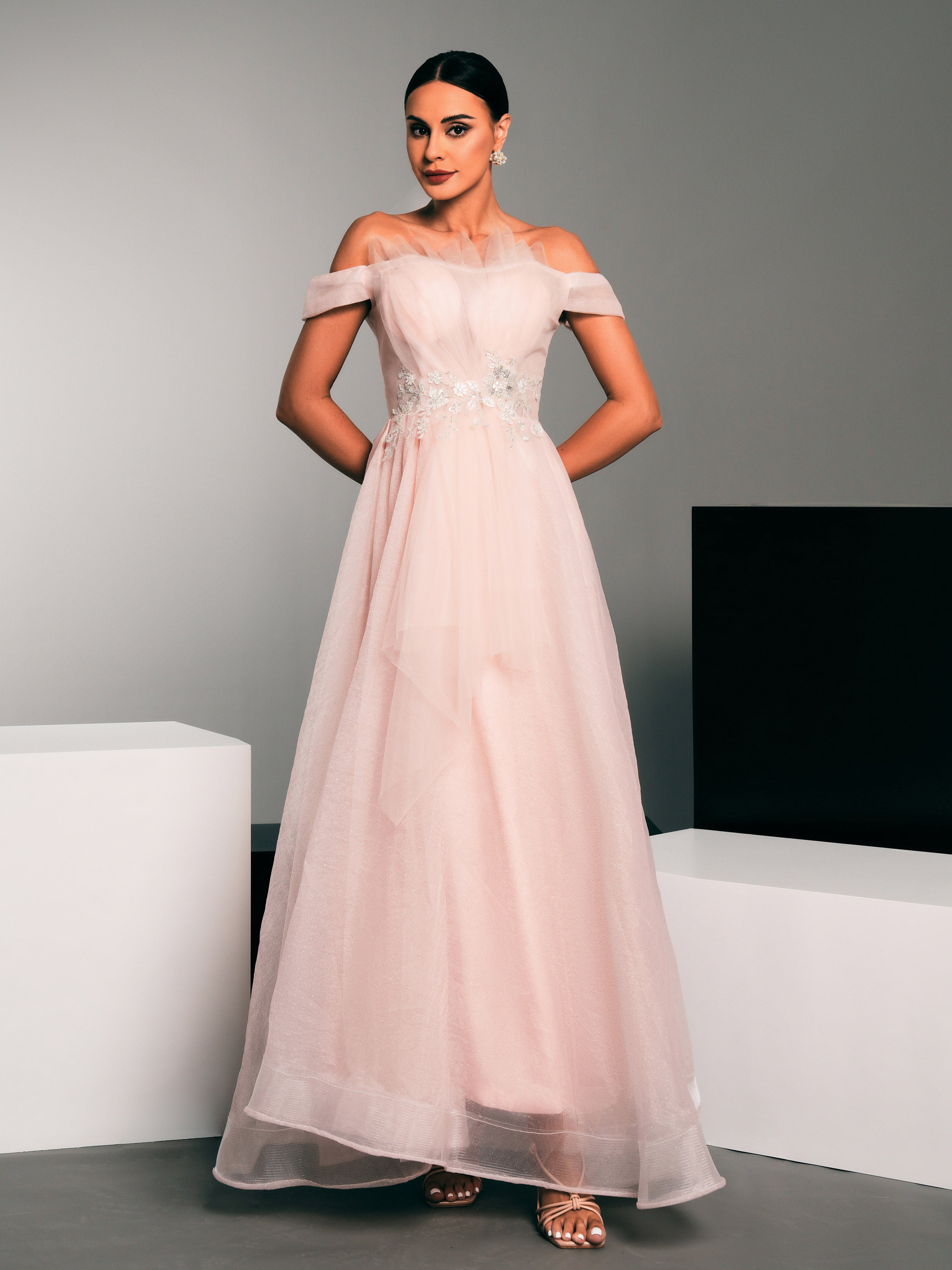 MISSORD Off Shoulder Folds Embodied Tulle Dress